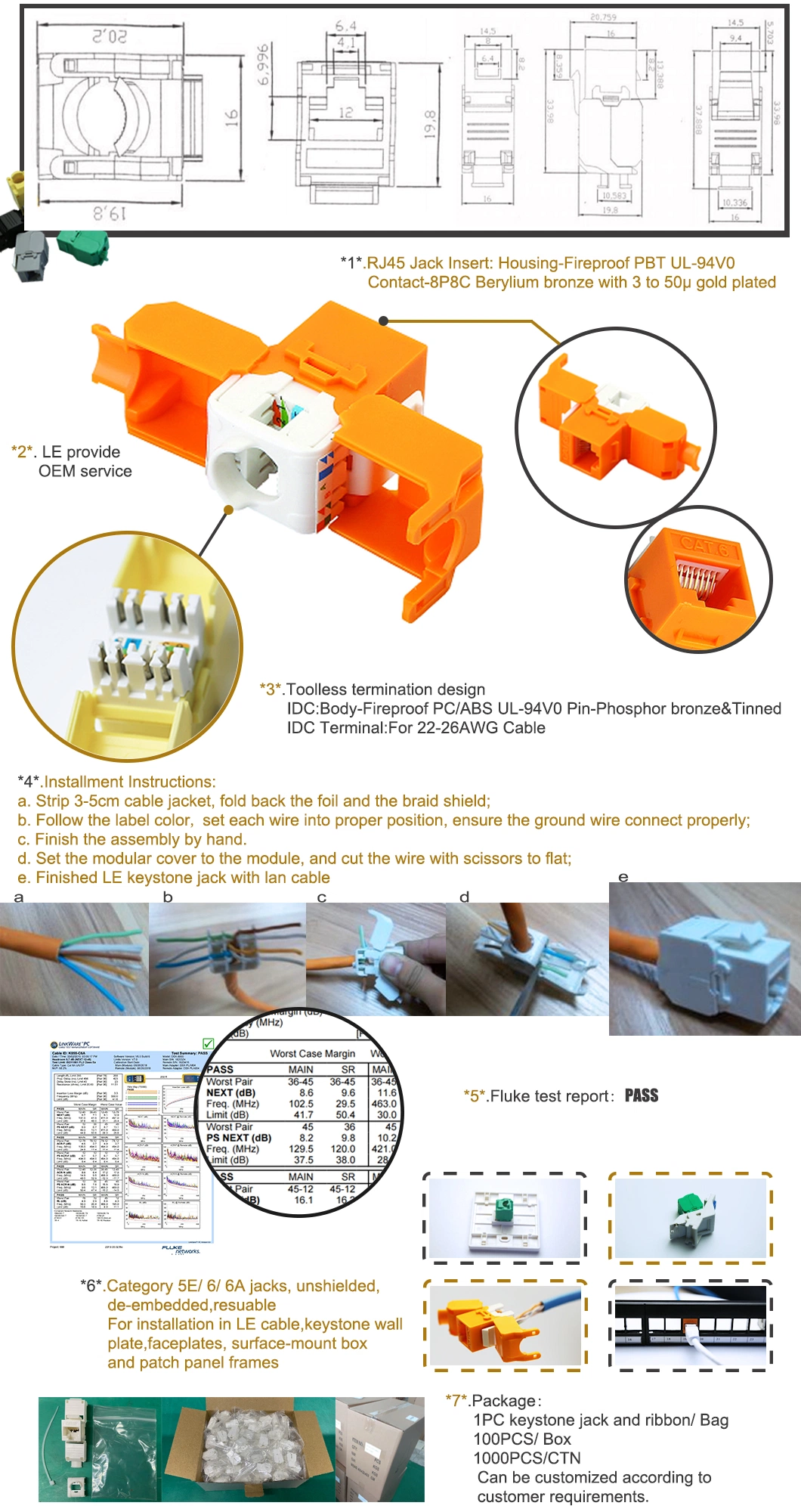 Le OEM/ODM FTP Toolless RJ45 CAT6 Keystone Ethernet Jack